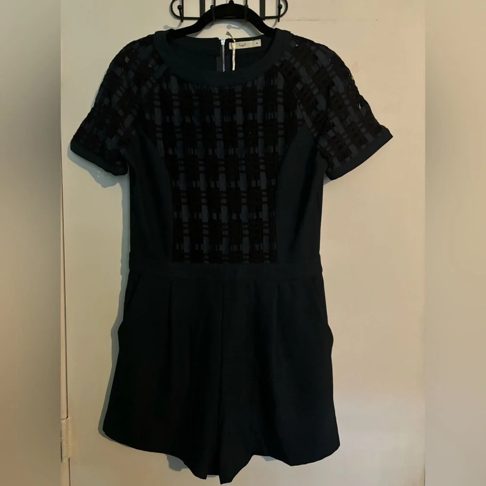 Hazel Womens Navy Polyester Romper Lace Detailed‎ Exposed Zipper Pockets Sz. Med